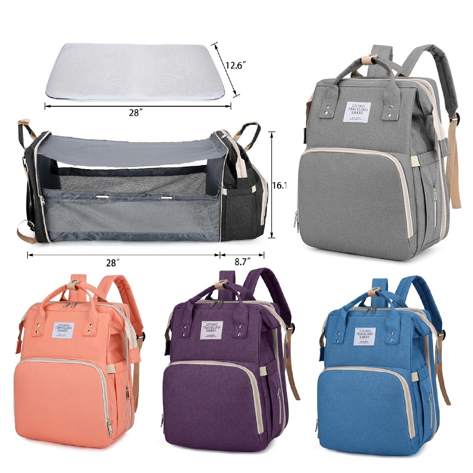 Waterproof 3 in 1 Baby Diaper Bag Backpack with Bassinet Changing Station Travel 24Hr Smart